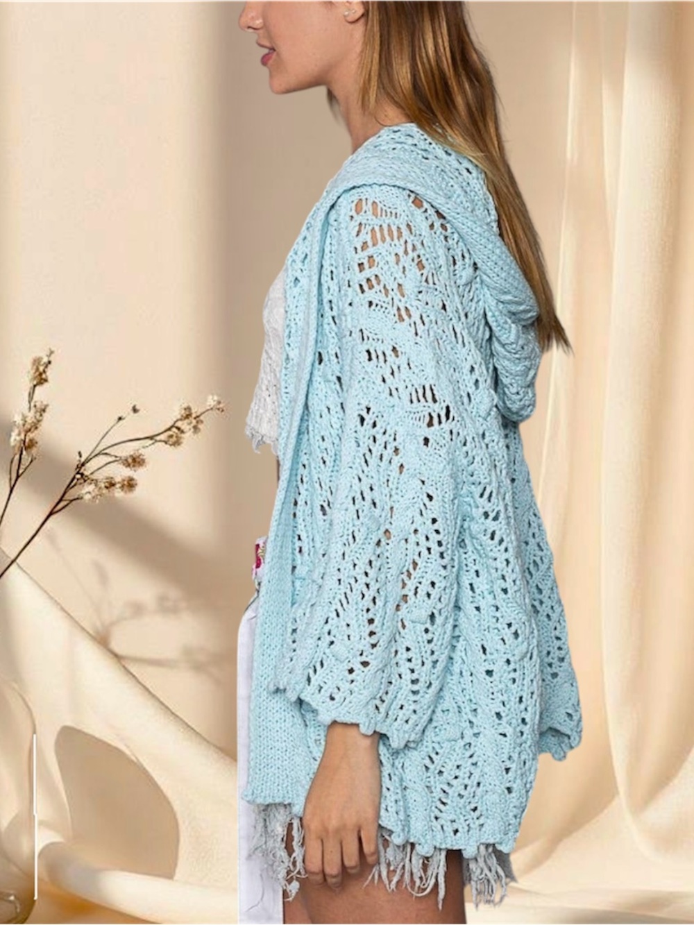 POL Blue Crochet Hoodie Cardigan Sweater Top - Picture 3 of 5